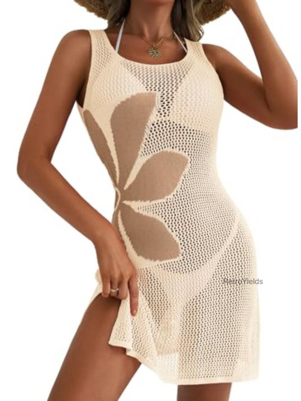 Crochet Floral Hollow Out Slit Sleeveless Swimsuit Cover Up Beach Dress